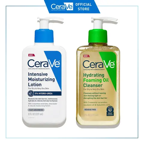 CeraVe Very Dry Skin Duo: Hydrating Foaming Oil Facial Cleanser (Dry to Very Dry Skin) & NEW CeraVe Intensive Moisturizing Lotion (Dry to Very Dry Skin + 5% Hydro-Urea)
