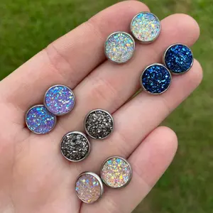 10mm Druzy Stud Cabochon Stainless Steel Earrings/ Metal Coating