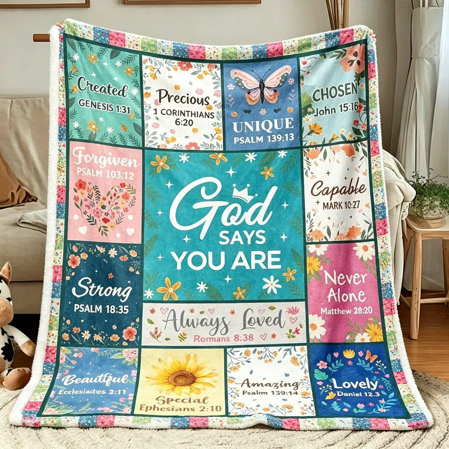 God Says You Are Bible Verse Patchwork Throw Blanket Floral Christian Faith Blanket Inspirational Scripture Cozy Flannel Blanket Religious Affirmation Gift For Women Bedroom Decor