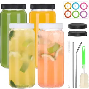 4 Pack Glass Juice Bottles with Lids and Straws, Juicing Glass Bottles for Smoothie, Water, Milk and Kombucha, Clear Reusable Water Containers with Caps