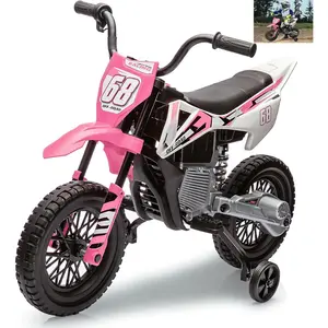 12V Kids Electric Dirt Bike With Training Wheels Twist Grip Throttle 3 MPH Max Speed And Music Ride On Motorcycle For Toddlers Baby Pink