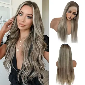 Glueless 13x6 Highlight Wigs Human Hair 16in, Balayage Dark Roots Brown Lace Front Wigs with Baby Hair Pre plucked HD Transparent Platinum Blonde Color Full Ends 180% Density