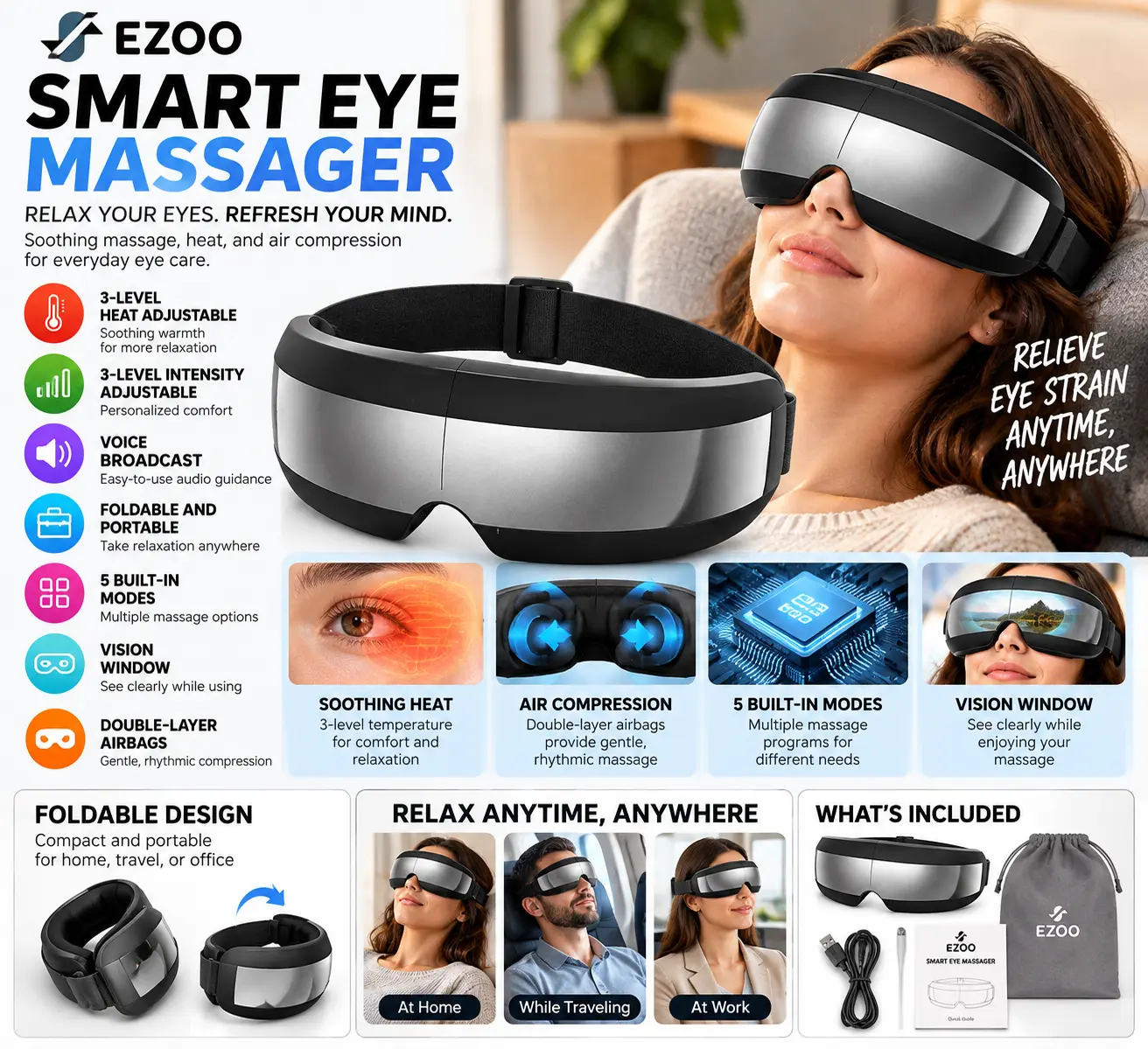 $149.99 MSRP EZOO Smart Eye Massager w/ Heat, Air Compression & 5 Massage Modes