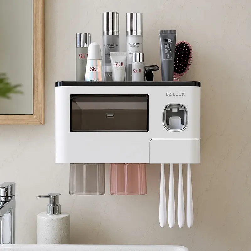 Wall-Mounted Bathroom Organizer with Automatic Toothpaste Dispenser, Bathroom Accessories, Wall Saves Counter, Removable Oral Grooming Automatic Dispenser Toothbrush Holders for Home Use