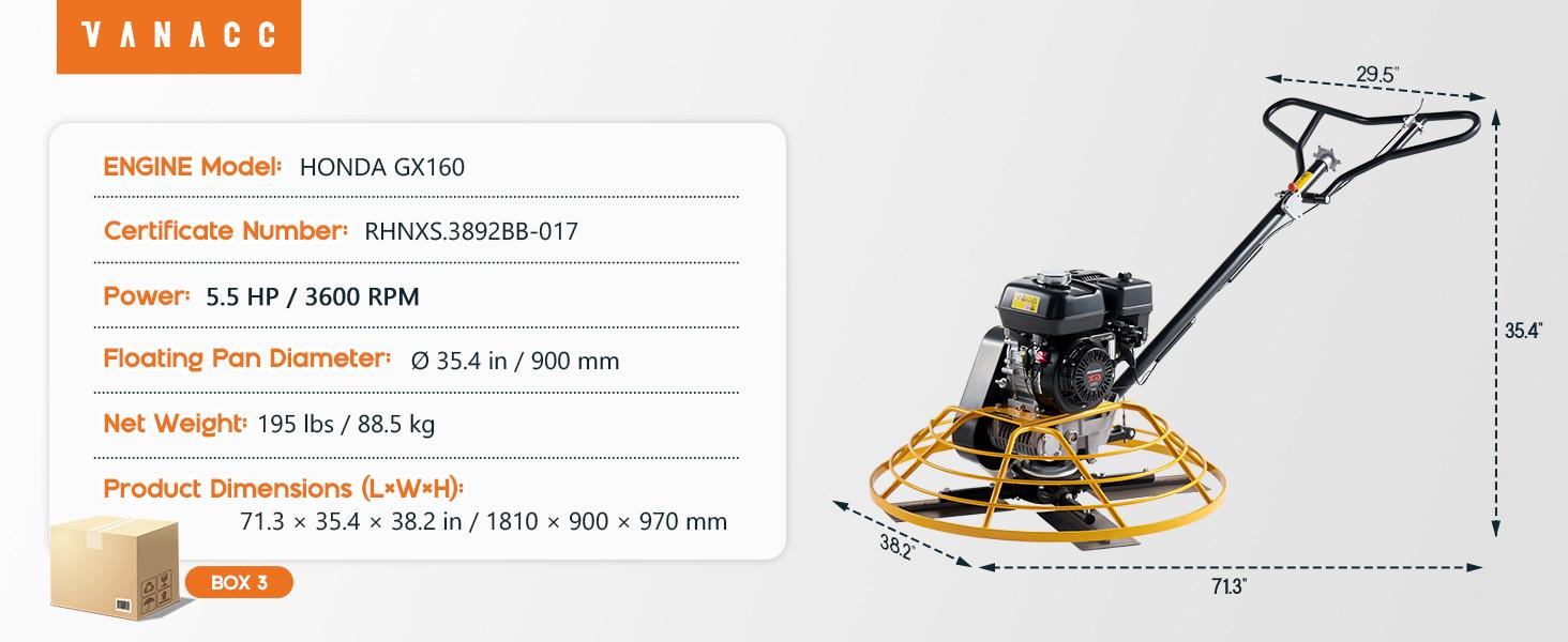 VanAcc 24"/35" Power Trowel, 5.5 HP Honda Engine with Float Pan, Walk-Behind Concrete Trowel with 4 Blades, Heavy Duty Gas-Powered Commercial Screed Cement Surface Finisher