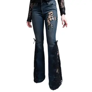 Jeans For Women Mid-Rise Dark-Wash Vintage-Style Jeans Boot-Cut Pants With Cutout Rhinestone And Bow Details Gothic Y2k Streetwear And Club-Party-Style Bottoms