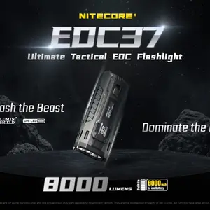 Nitecore EDC37 8000 Lumen USB-C Rechargeable Flat EDC Flashlight with NiteLab UHi 20 MAX LED, 4 Brightness Levels, OLED Screen, and IP54 Water-Repellent