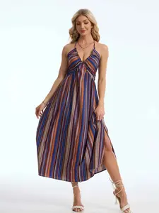 Women's Striped Print Cut Out Tie Back A Line Dress, Bohemian Halter Dress, Boho Sleeveless Halter Neck Split Thigh Long Dress for Beach Holiday Vacation, Ladies Summer Clothes