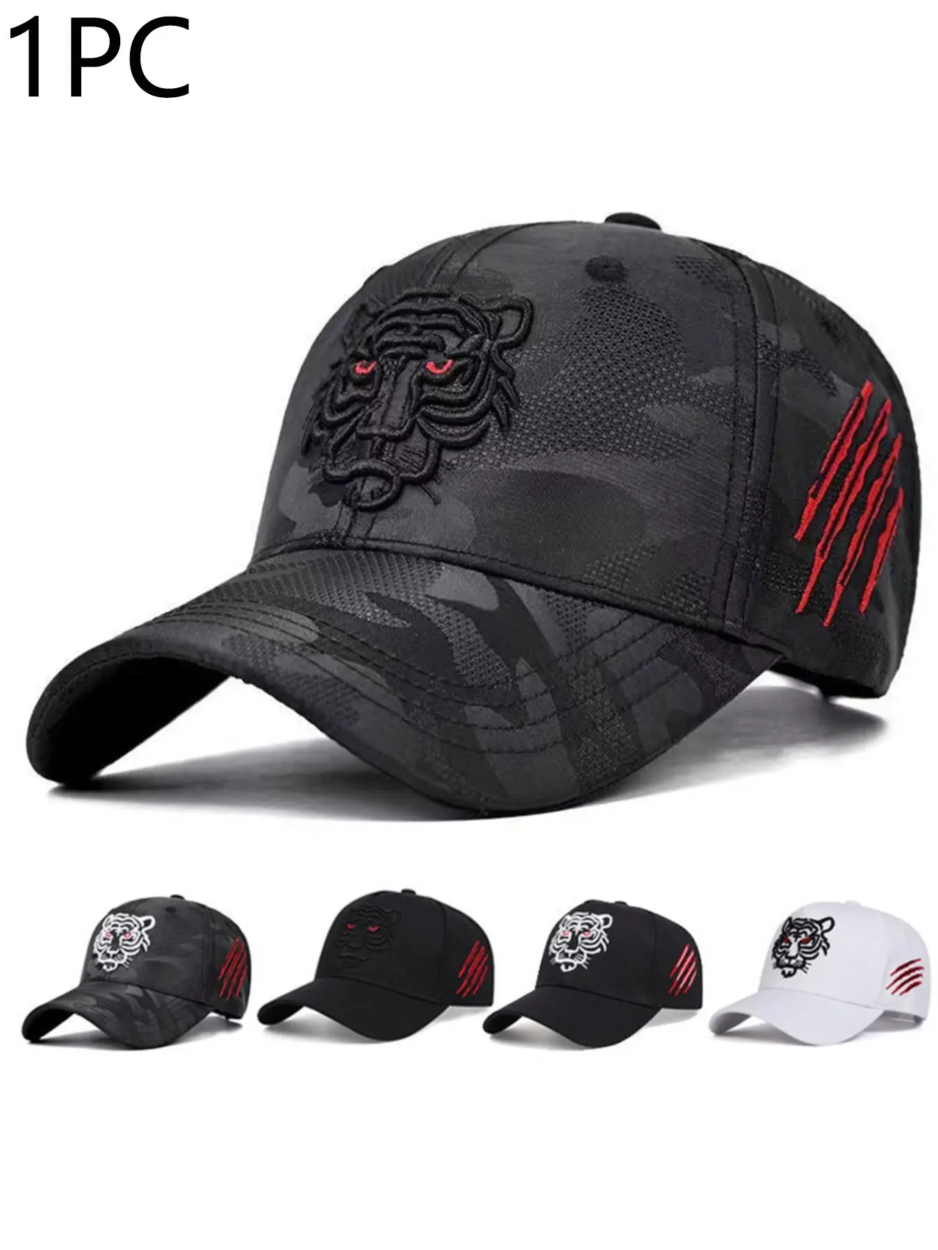 Men's Tiger Head Baseball Cap, Fashion Casual Camo Dad Hat, Camo Trucker Hat for Sports & Daily Wear, Unique Outdoor Activity Design, Stylish & Comfortable, Mesh Camo Hat, Trendy Hat, Cool Hats, Statement Cap, Adjustable Cap, Polyester Cap