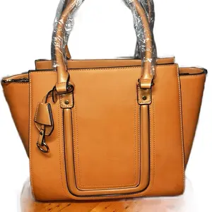 fashionable Girls Tote Shoulder Bag with Inner Pouch - Tan Leather, Zipper Closure, Plain Design shopping bag