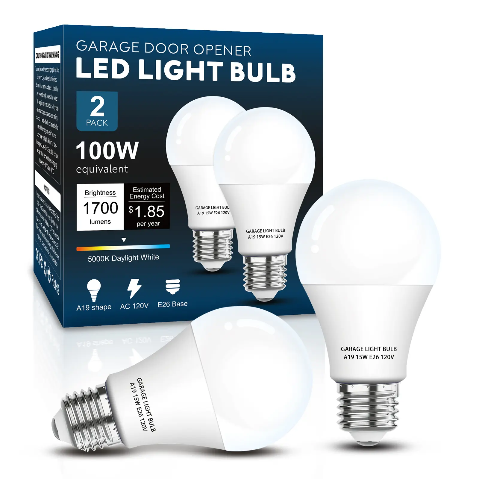 Garage Door Opener LED Light Bulbs, 15W 100W Equivalent, 5000K Daylight White, A19 E26 Base, Dimmable Garage Light Bulbs, Low RF Interference, 2 Pack