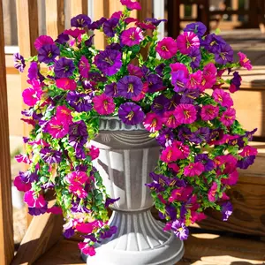 2 PCS  or 6 PCS Artificial Hanging Flowers Fake Plants Outdoor,Silk Morning Glory Faux Flowers with Eucalyptus Leaf,UV Resistant Realistic Hanging Petunias Plants for Home Garden Decor