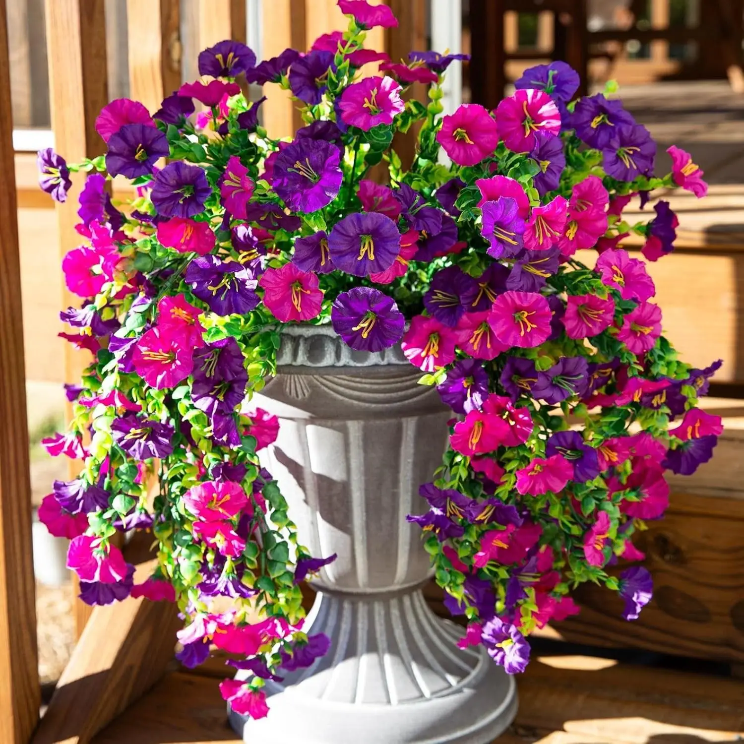 Artificial Hanging Flowers, Fake Plants Outdoor, Faux Flowers with Eucalyptus Leaf, UV Resistant Realistic Hanging Petunias Plants for Home Garden Dec