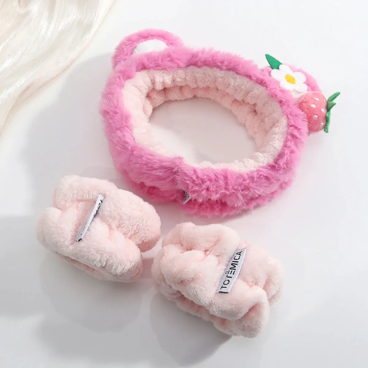 Totemica Spa Headband & Wristband Strawberry | Skincare Headband + Anti-Drip Wristbands ‍️ Soft Plush Spa Set | Reusable Kawaii Beauty Essential