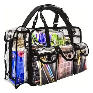 Professional Clear PVC Makeup Kits Organizer with 6 External Pockets & Tissue Holder, Transparent Vinyl Travel Cosmetic Bag