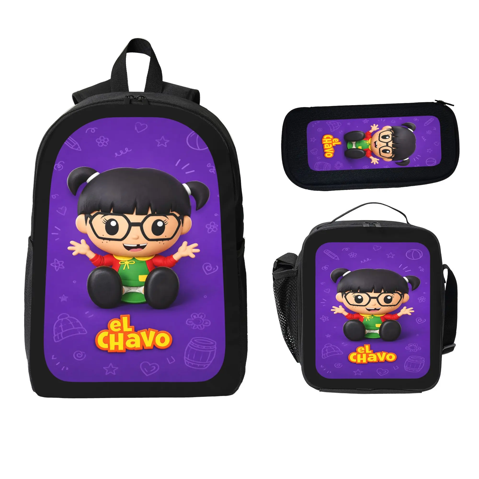 Fashion El Chavo Backpack Large Capacity Commuter Bag Cartoon Casual Backpack Set 3 pc Backpack Lunch Bag Pencil Case Laptop Daypack Travel School Bag Unisex Durable Back To School Gift Summer Backpack Set-2D