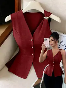 New Summer Simple Elegant Chic Casual Fashion Metal Button Design Waist Cinch Slim V Neck Versatile Women's Sleeveless Shirt Tops Womenswear