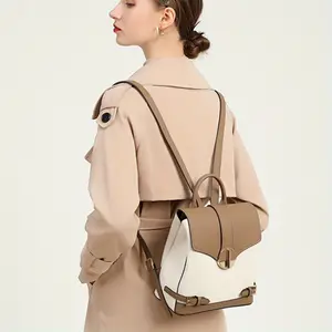 2025 New Women'S Backpack - White & Brown Split Leather Travel Bag with Adjustable Straps, Multiple Compartments & Golden-Tone Hardware, Elegant British Style for Everyday Use, Versatile Travel Backpack, Sophisticated Design, Textured Finish