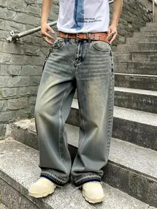 Men's Loose Wide-Leg Jeans, Retro Gray Wash, Street Style Loose Fit, Suitable for Daily Casual Hip-Hop Outfits
