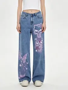 Women Medium Wash Wide Leg Flare Jeans, Y2K Grunge Punk Hello Kitty Skull & Purple Butterfly Graffiti Graphic Denim Pants, DTG Direct Ink No Crack Print Alt Streetwear Trousers