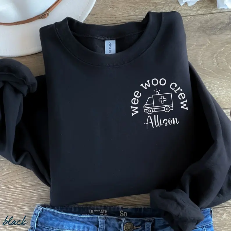 Wee Woo Crew Personalized EMT Sweatshirt, Custom Paramedic Crewneck, Cute ER EMS Sweater, 911 Dispatcher Gift, Custom Name Ambulance Shirt
