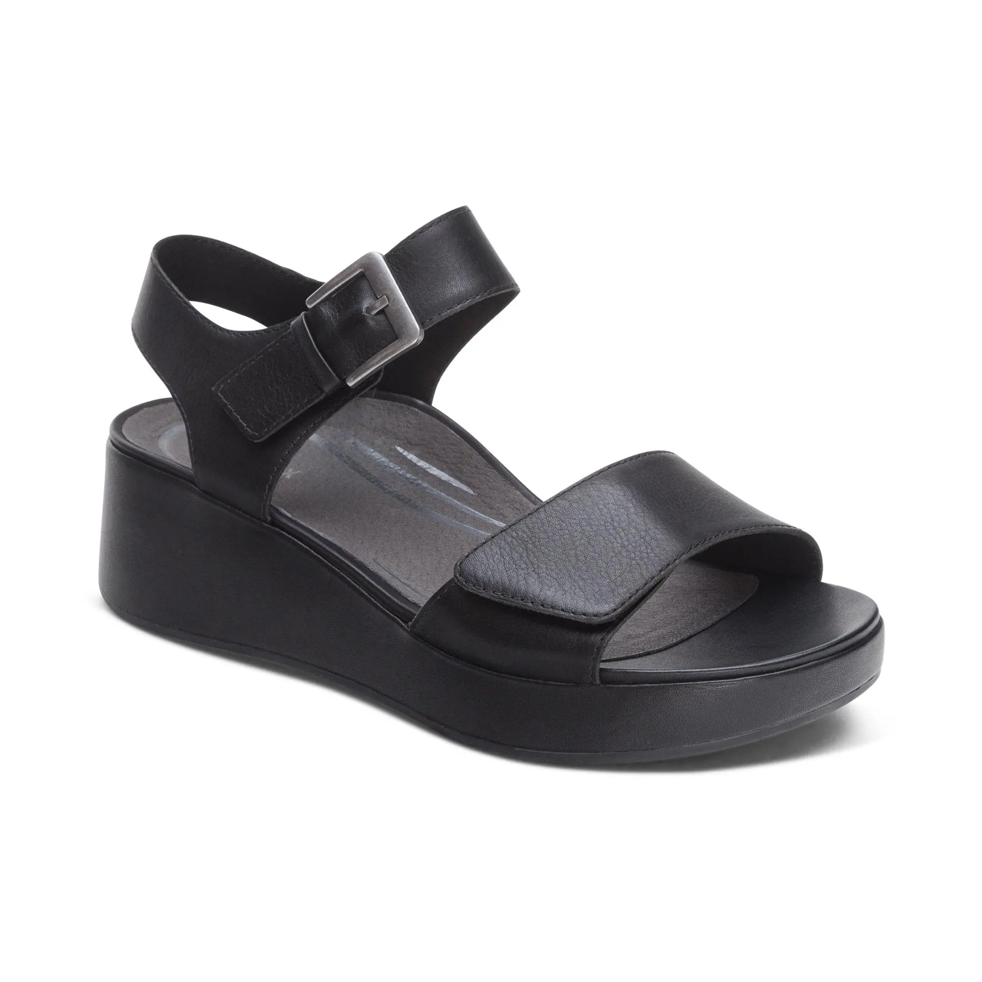 Aetrex Ariel Adjustable Quarter Strap Wedge - Black | Women's Orthotic Wedge Sandals with Arch Support & Comfort, Leather, Footwear, Rubber