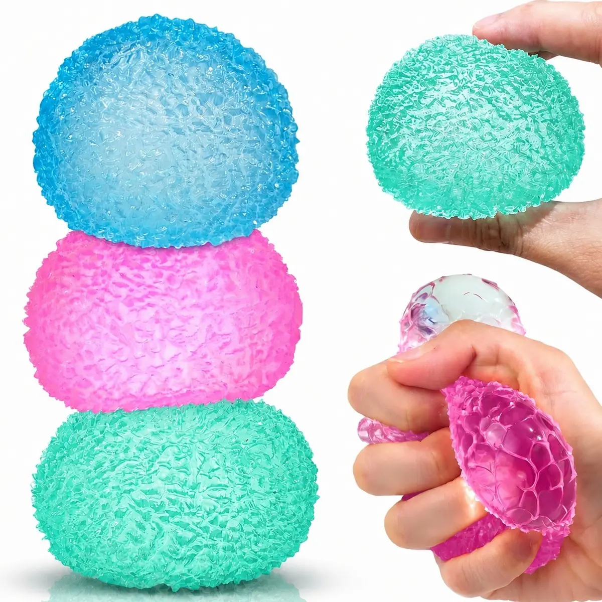 3PC Stress Relief Grip Toy - Malt Sugar Texture Squeeze Squishies Balls for Adults & Kids, ASMR Sensory Fidget Relief Gadget, Anxiety Relief Aid & Party Favor Gift