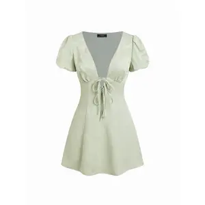 Cider Jacquard V-neck Puff Sleeve Tie Front A-line Mini Dress