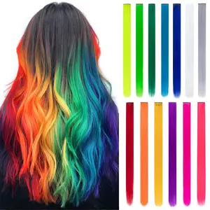 Fxmongyi Colored Clip in Hair Extensions 20Inch Straight Multi-Colors Party Highlights Clip In Hair Extension Synthetic Rainbow Hairpieces for Girls Kids Gift