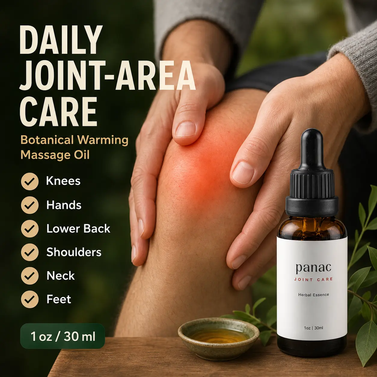 Panac Joint Care Herbal Massage Oil for Knees, Back, Wrists & Feet – Warming Botanical Body Oil for Muscle Massage, 1 Fl Oz