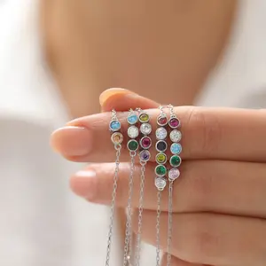 Personalized Dainty Birthstone Bracelet, Minimalist Cable Chain, Zircon Silver Jewelry, Family Jewelry