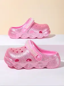 Girl's Glitter Design Clogs, Cute Comfortable Breathable Clogs, Fashionable Pink Shoes for Daily Wear