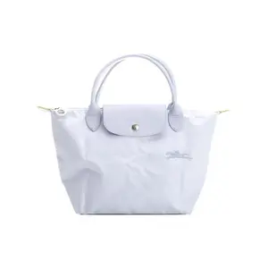 Longchamp Le Pliage Green 23 Small Tote Bag with Embossed Logo and Leather Trim in Light Blue for Women