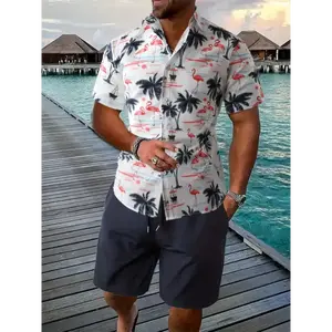 Men's Hawaiian Shirt and Shorts Set - Flamingo & Palm Tree Print, Stylish Polyester, Machine Washable, Ideal for Beach & Casual Wear