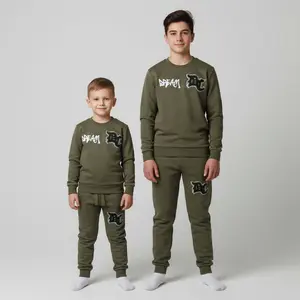Kids' Cozy Olive Green Sweat Suit Set with Bold Teddy Bear Graphic & Graffiti "DC" Design | Loungewear for Trendy Kids