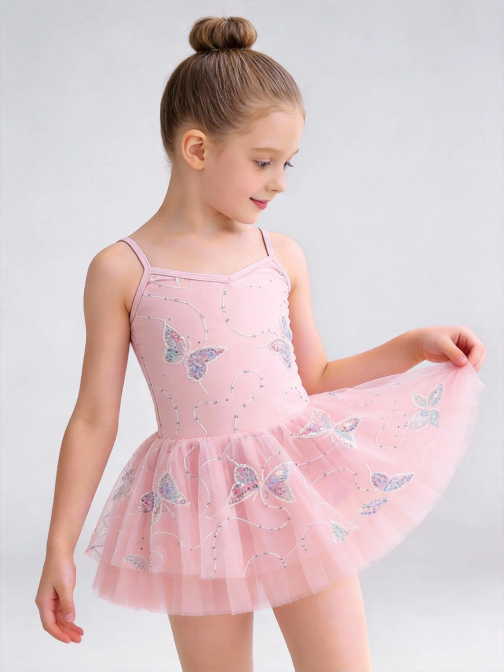 Girls' Spaghetti Strap Dress with 3D Sequin Butterfly, Skin-Friendly Fabric, Layered Mesh Skirt & Integrated Crotch Design for Dance Practice, Highly Elastic