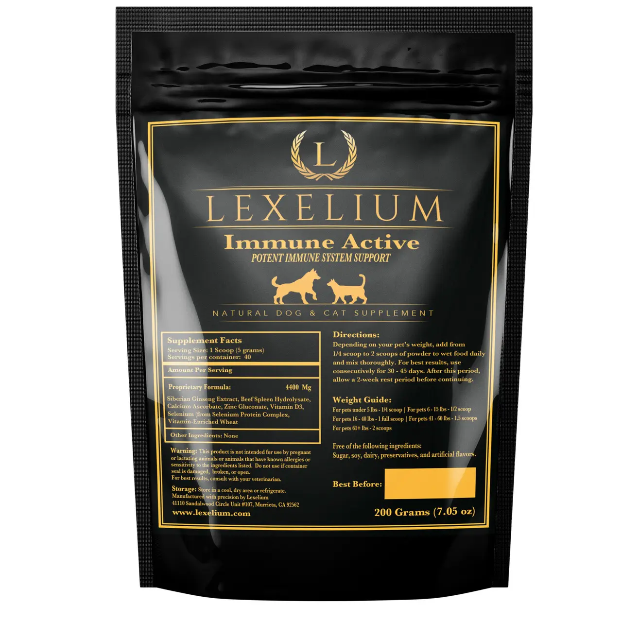 Lexelium Immune Active Pet Supplement Powder with Siberian Ginseng Vitamin C D3 Zinc Selenium Supports Normal Immune Function for Dogs and Cats