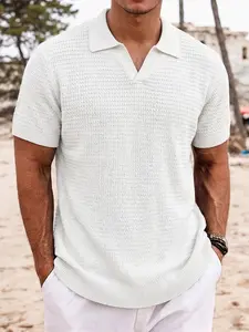 Men's Premium Knit Polo Shirt - Polo Collar V-Neck Placket Waffle Textured Short Sleeve Lightweight Breathable Summer Casual Wear