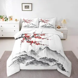 Japanese-Style Comforter Set,Red Cherry Blossoms Printed Down Comforter,Mount Fuji Pattern Quilted Duvet Ink Painting Stylish Duvet Insert