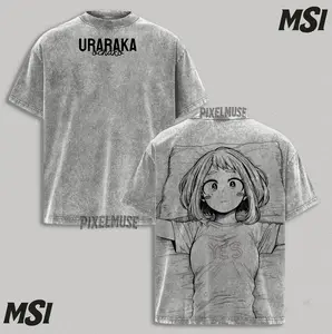 Uraraka Ochako MHA T-Shirt | Yes Laid Back Manga Acid Washed Oversized Tee, Retro Anime Waifu Sketch Bootleg Style, Heavyweight Gray Fandom.