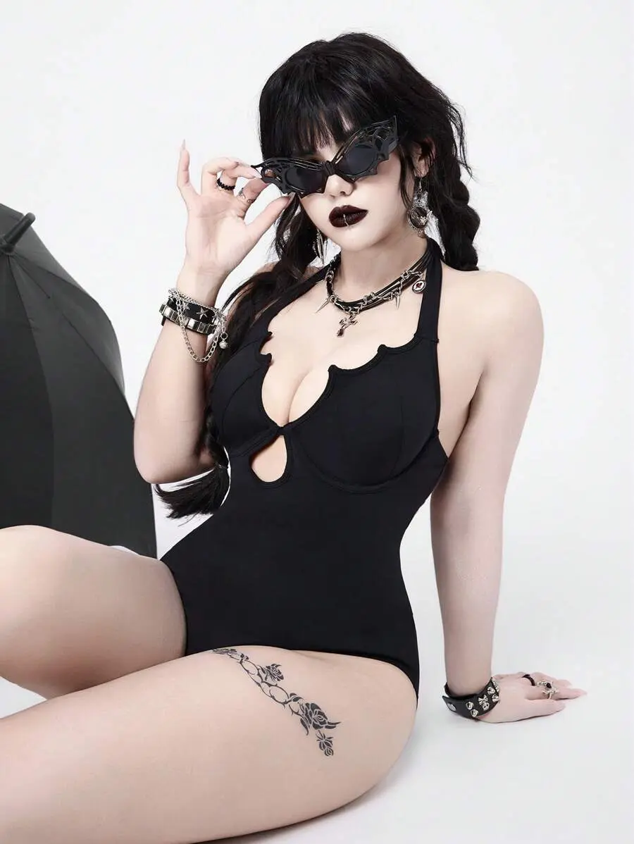 VEXA Gothic Sexy Vampire Bat Print One-Piece Swimsuit, Halloween