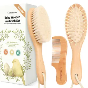 [3-in-1 Set] KeaBabies Baby Hair Brush and Comb Set - Wooden Brush with Soft Goat Bristles and Comb to Prevent Cradle Cap and Daily Grooming