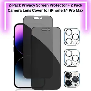 2-Pack Privacy Screen Protector for iPhone 14 Pro Max – 360° 4-Way Anti-Spy Tempered Glass with 2 Camera Lens Covers, Case-Friendly, HD Anti-Scratch Screen Guard for iPhone 14 Pro Max 6.7"