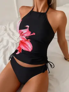 Floral Print Halter Design Women's Modest Two-Piece Swimsuit, Sleeveless Fitted Shorts for All Seasons, Conservative Bathing Suit, Floral Pattern Tankini, Tankini Swimwear Set