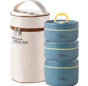 Portable Leakproof Multi-Layer Insulated Lunch Container Set, 3 Separate Stackable Compartmentalized Non-Toxic Lunch Boxes with Plastic-Silicone-Steel Lids, Thermal Tableware for Adults and Kids