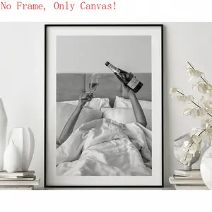 Unframed Woman Drinking Wine in Bed Poster Print,  Black and White, Alcohol Wall Art, Bar Cart Print,Girl Room Decor unique
