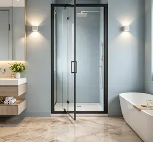 Framed Bi-fold Pivot Shower Door Space-saving Folding Shower Enclosure 1/4" Clear Tempered Glass Stainless Steel Handle Reverible Installation Black