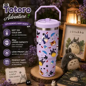 1 Pc 30oz Totoro Cartoon Insulated Mug, Double Wall, Leak-Proof Lid, Hot Drinks Stay Warm 12H, Cold Drinks Stay Cold 24H, Perfect Fan Gift, Stylish & Durable, Ideal for Daily Use, Office, Gym, Travel, Outdoor Activities, Mother’s Day, Nurse’s Day