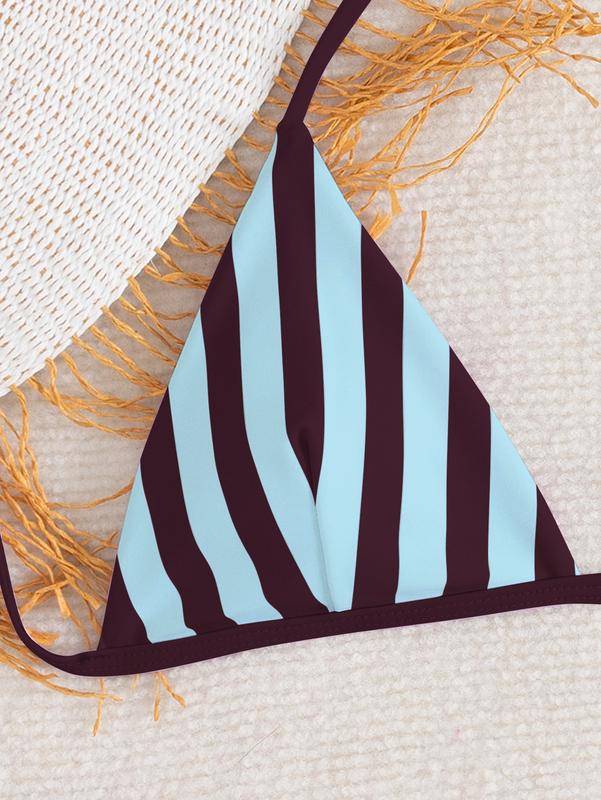Trendy Brown & Light Blue Striped Triangle Tie-Side Bikini Set - Adjustable Two-Piece Swimwear Swimsuit with Flattering Fit, Perfect for Beach Vacations, Pool Days & Summer Getaways