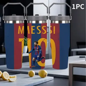 1pc30oz portable thermos cup, Tumbler, with MESSI Barcelona red and blue stripes theme pattern, black matte cup body with dark grey handle seal lid, Messi celebrating gesture, stainless steel metal ring decoration, football IP style